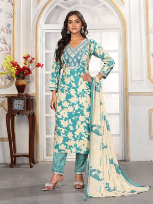 Rajwada  Light Blue Rayon Printed Kurta Set For Women