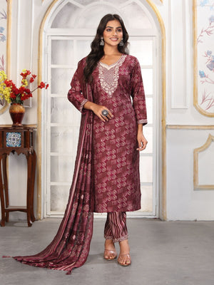 Rajwada Maroon Rayon Printed Kurta Set For Women