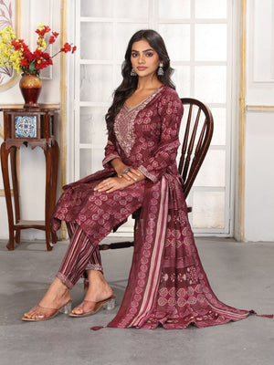 Rajwada Maroon Rayon Printed Kurta Set For Women