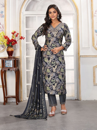 Rajwada Grey Rayon Printed Kurta Set For Women