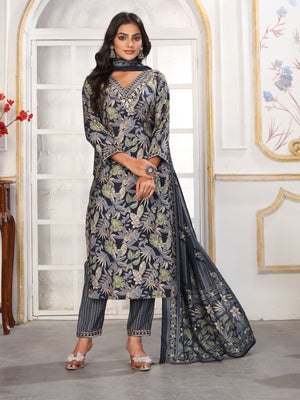 Rajwada Grey Rayon Printed Kurta Set For Women