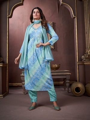 Rajwada Turquoise Blue Rayon Printed Kurta Set For Women