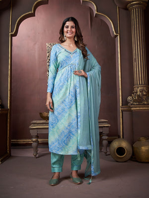 Rajwada Turquoise Blue Rayon Printed Kurta Set For Women