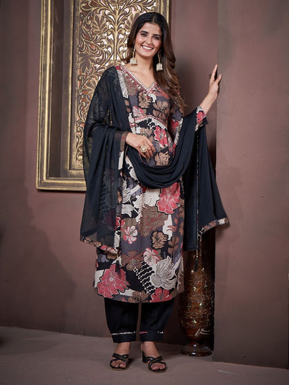 Rajwada Black Rayon Printed Kurta Set For Women