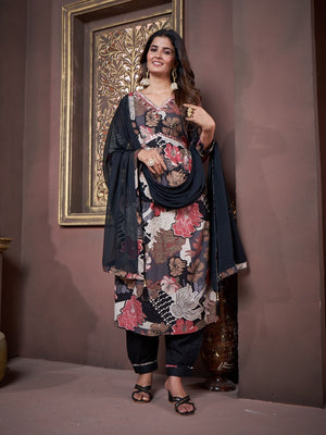 Rajwada Black Rayon Printed Kurta Set For Women