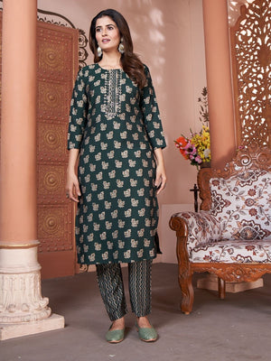 Rajwada Dark Green Silk Blend Printed Kurta Set For Women