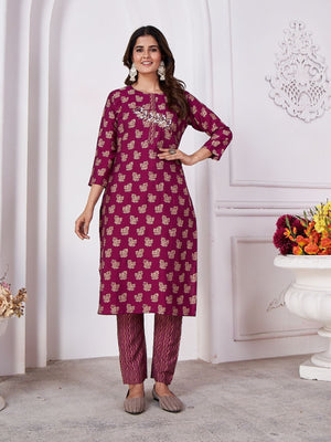 Rajwada Wine Silk Blend Printed Kurta Set For Women
