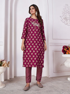 Rajwada Wine Silk Blend Printed Kurta Set For Women