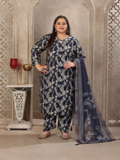 Rajwada Navy Blue Viscose Printed Kurta Set For Women