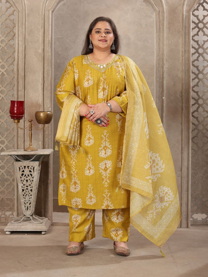 Rajwada Mustard Viscose Printed Kurta Set For Women