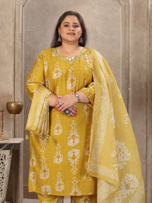 Rajwada Mustard Viscose Printed Kurta Set For Women