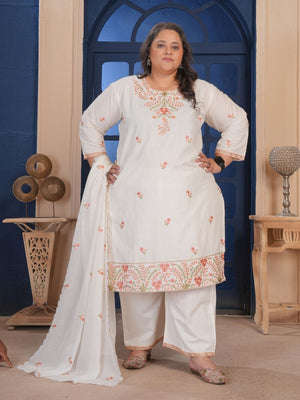 Rajwada Off White Cotton Blend Embroidered Kurta Set For Women