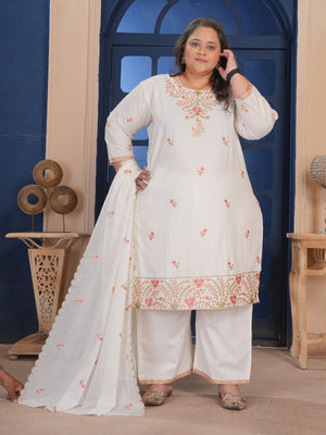 Rajwada Off White Cotton Blend Embroidered Kurta Set For Women
