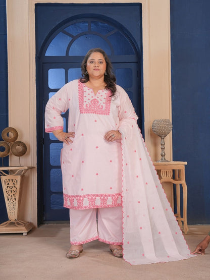 Rajwada Light Pink Cotton Blend Embroidered Kurta Set For Women
