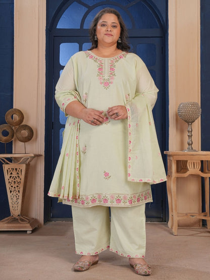 Rajwada Light Green Cotton Blend Embroidered Kurta Set For Women