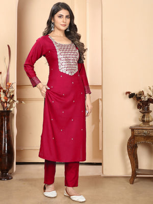 Rajwada Dark Pink Silk Blend Embellished Kurta Set For Women