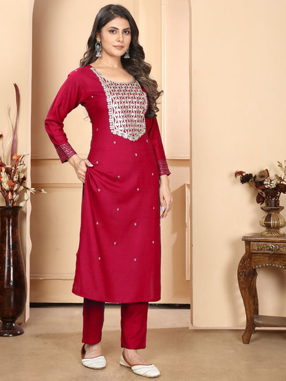 Rajwada Dark Pink Silk Blend Embellished Kurta Set For Women