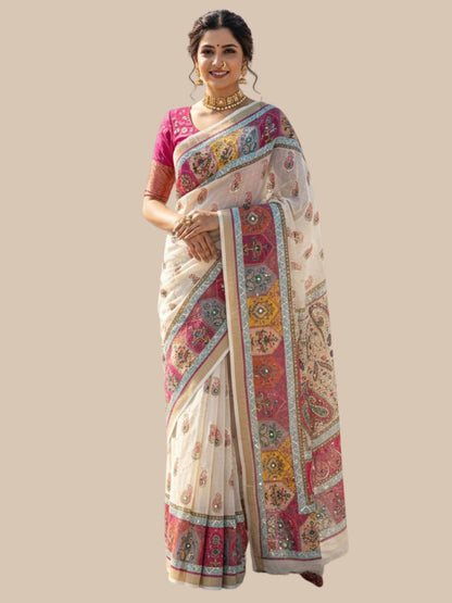 Rajwada Off White Silk Printed Saree For Women