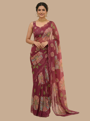 Rajwada Wine Organza Printed Saree For Women