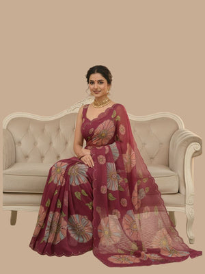 Rajwada Wine Organza Printed Saree For Women