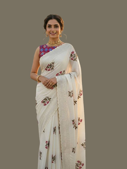 Rajwada White Silk Embroidered Saree For Women