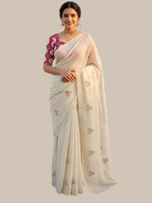 Rajwada White Silk Embroidered Saree For Women