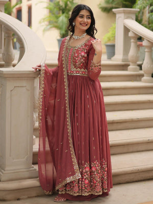 Rajwada Rust Georgette Embroidered Kurta Set For Women