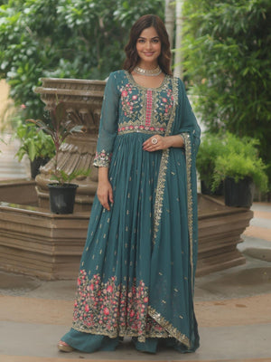 Rajwada Teal Blue Georgette Embroidered Kurta Set For Women