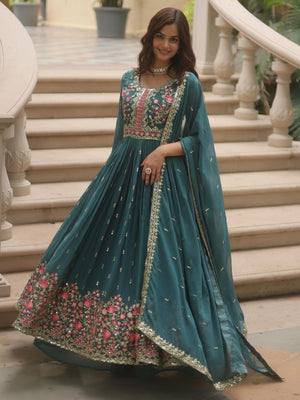 Rajwada Teal Blue Georgette Embroidered Kurta Set For Women