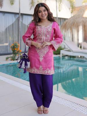 Rajwada Pink Viscose Embroidered Kurta Set For Women