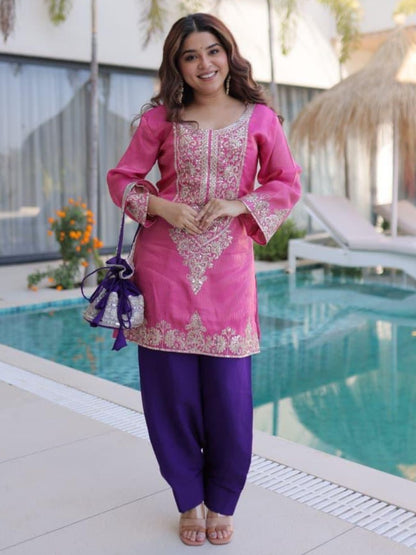 Rajwada Pink Viscose Embroidered Kurta Set For Women