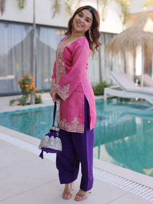 Rajwada Pink Viscose Embroidered Kurta Set For Women