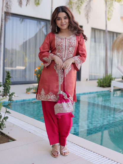 Rajwada Rust Red Viscose Embroidered Kurta Set For Women