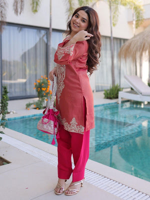 Rajwada Rust Red Viscose Embroidered Kurta Set For Women
