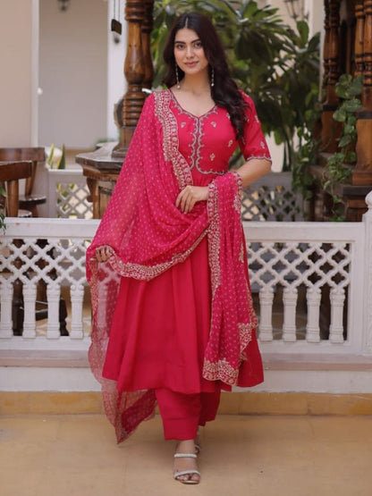 Rajwada Magenta Cotton Silk Embroidered Kurta Set For Women