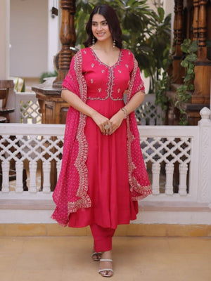 Rajwada Magenta Cotton Silk Embroidered Kurta Set For Women