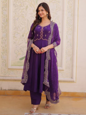 Rajwada Violet Cotton Silk Embroidered Kurta Set For Women