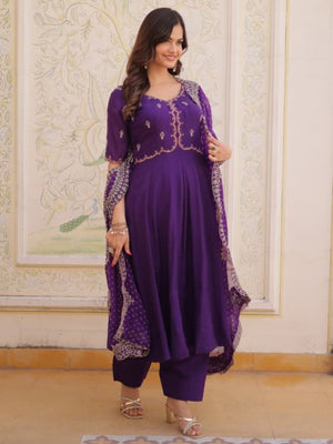 Rajwada Violet Cotton Silk Embroidered Kurta Set For Women