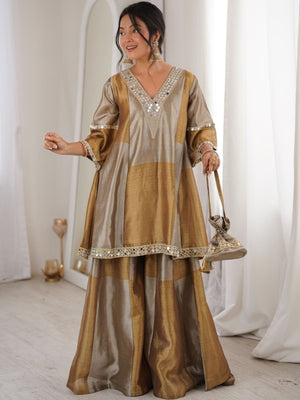 Rajwada Golden Tissue Embroidered Kurta Set For Women