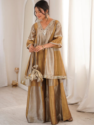 Rajwada Golden Tissue Embroidered Kurta Set For Women