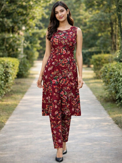Rajwada Maroon Georgette Floral Print Kurta Set For Women