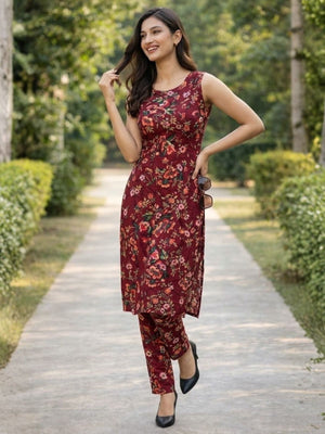 Rajwada Maroon Georgette Floral Print Kurta Set For Women