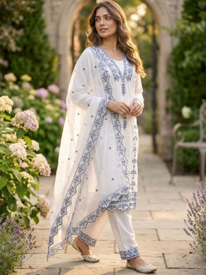 Rajwada White And Sky Blue Georgette Embroidered Kurta Set For Women