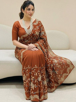 Rajwada Rust Orange Silk Embroidered Saree For Women