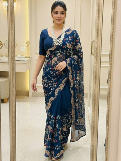 Rajwada Navy Blue Silk Embroidered Saree For Women