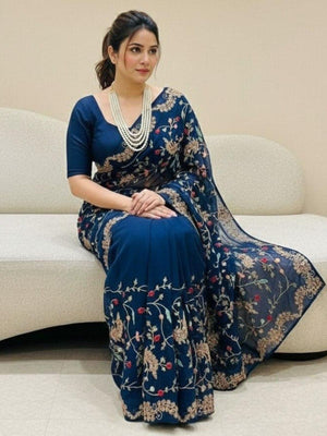 Rajwada Navy Blue Silk Embroidered Saree For Women
