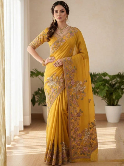 Rajwada Mustard Chiffon Lace Work Saree For Women