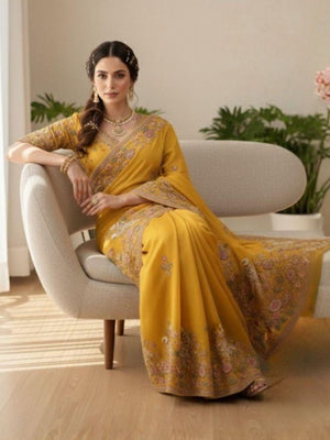Rajwada Mustard Chiffon Lace Work Saree For Women