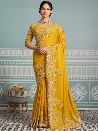 Rajwada Mustard Yellow Georgette Cut Work Saree For Women