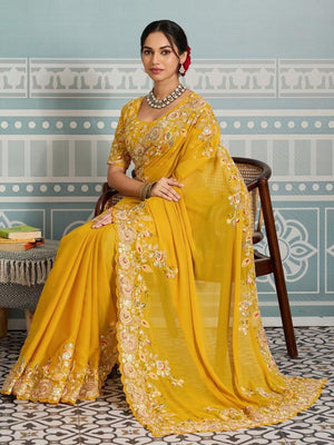 Rajwada Mustard Yellow Georgette Cut Work Saree For Women